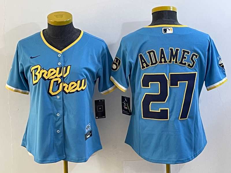 Women%27s Milwaukee Brewers #27 Willy Adames Blue 2022 City Connect Cool Base Stitched Jersey